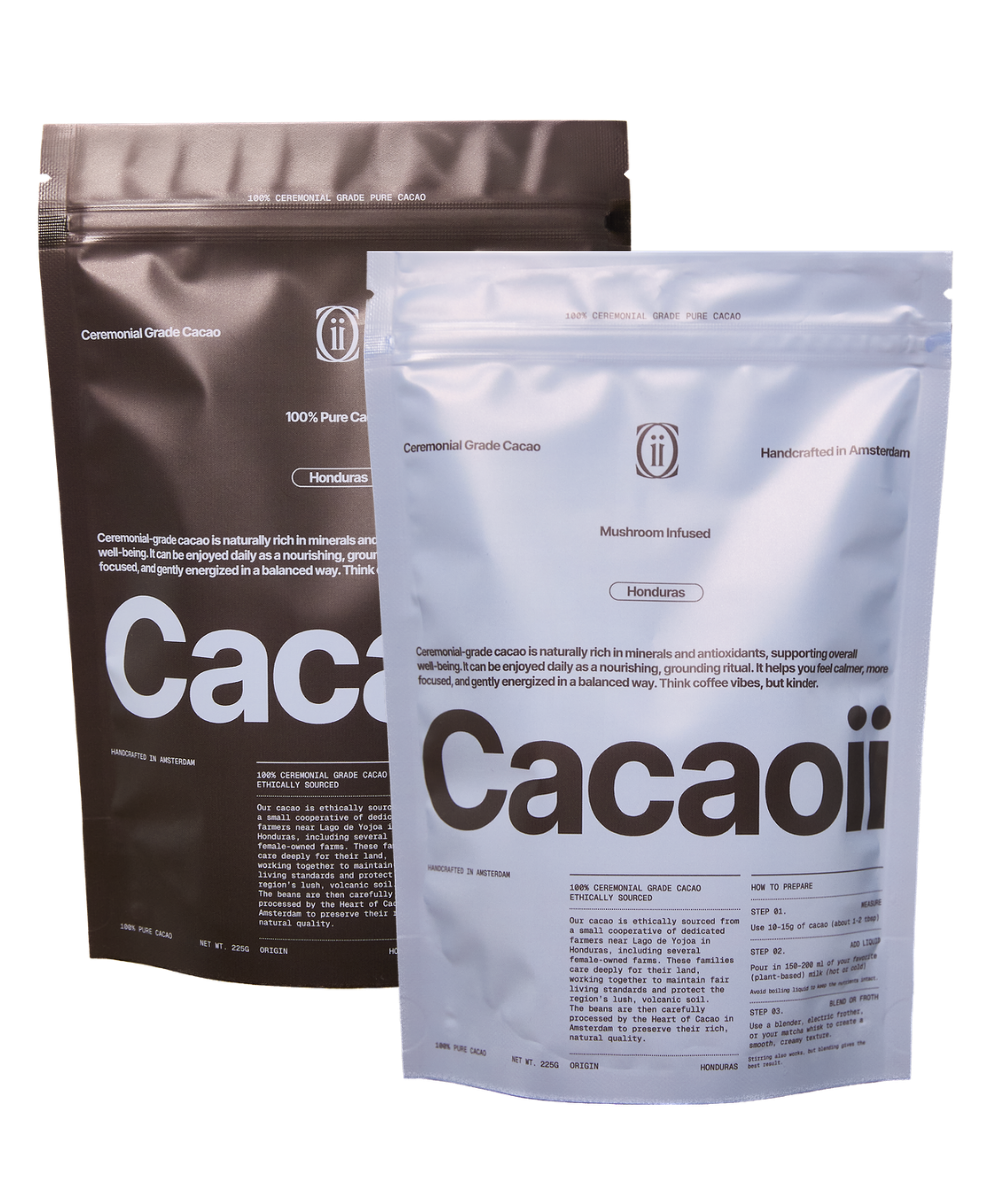 Two Cacaoii ceremonial cacao pouches side by side, classic ceremonial grade cacao and mushroom infused cacao, both sourced from Honduras and handcrafted in Amsterdam.