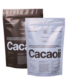 Two Cacaoii ceremonial cacao pouches side by side, classic ceremonial grade cacao and mushroom infused cacao, both sourced from Honduras and handcrafted in Amsterdam.