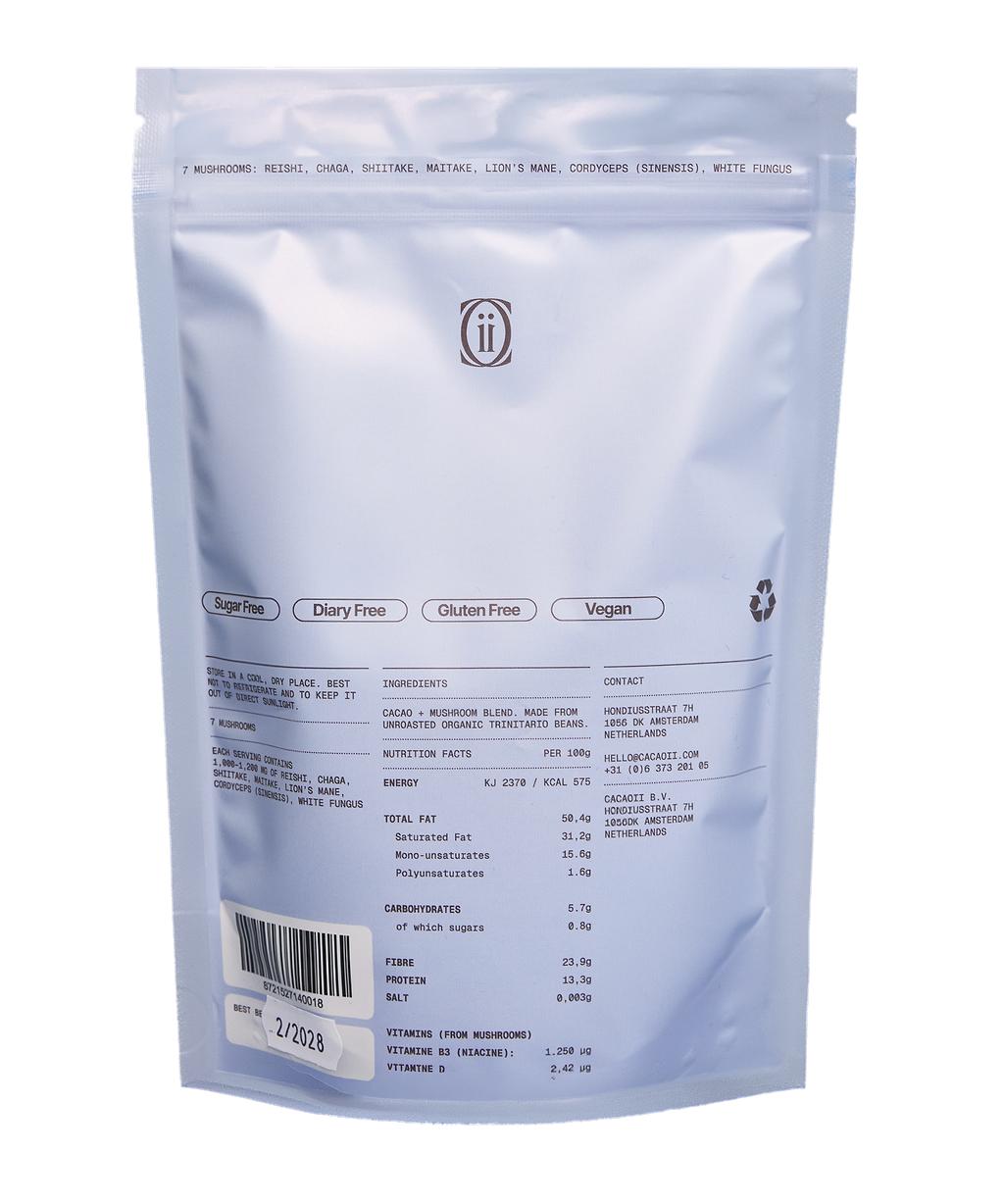 Back view of a blue package of cacaoii with text and a barcode on a white background